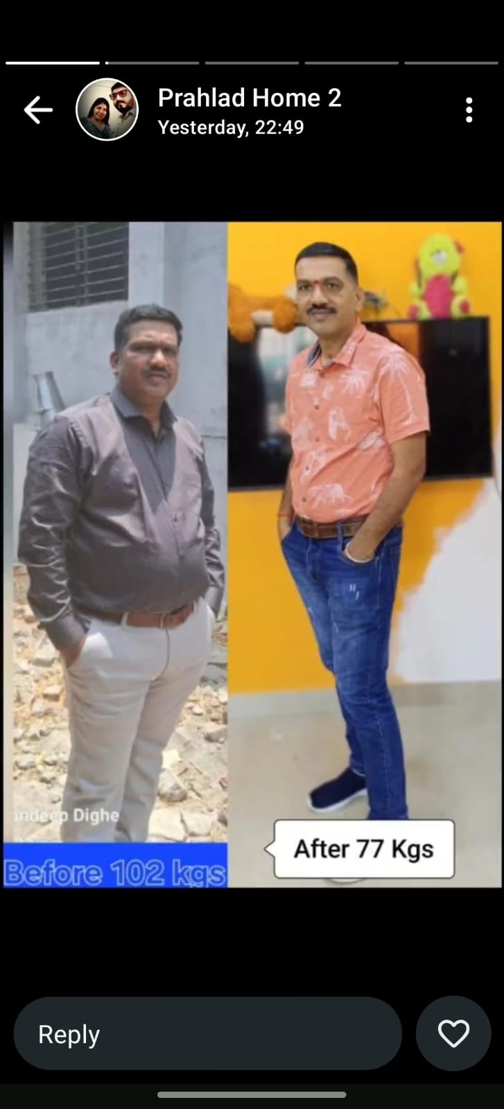 वजन घटाने का परिणाम: 102 → 77 KG